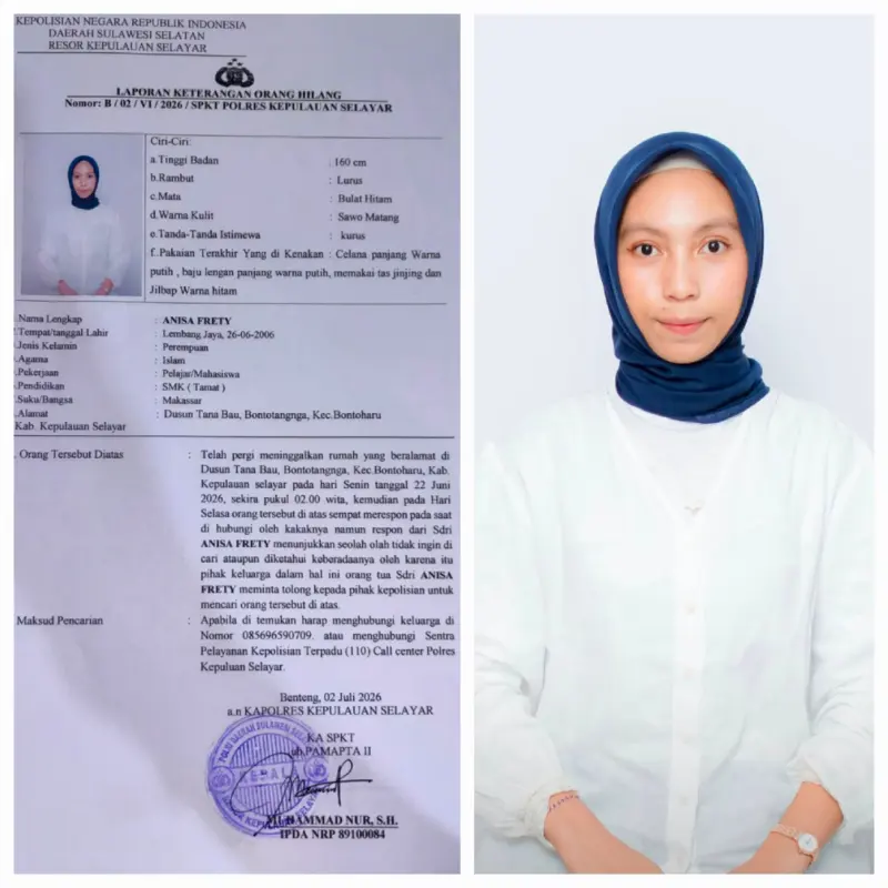 Polres Kepulauan Selayar Bantu Keluarga dalam Pencarian Resmi Anisa Frety, Remaja 20 Tahun Hilang Sejak Akhir Juni 2026