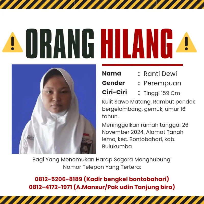 Hilangnya Ranti Dewi, Gadis 16 Tahun di Tanah Lemo: Keluarga Tak Pernah Berhenti Mencari  
