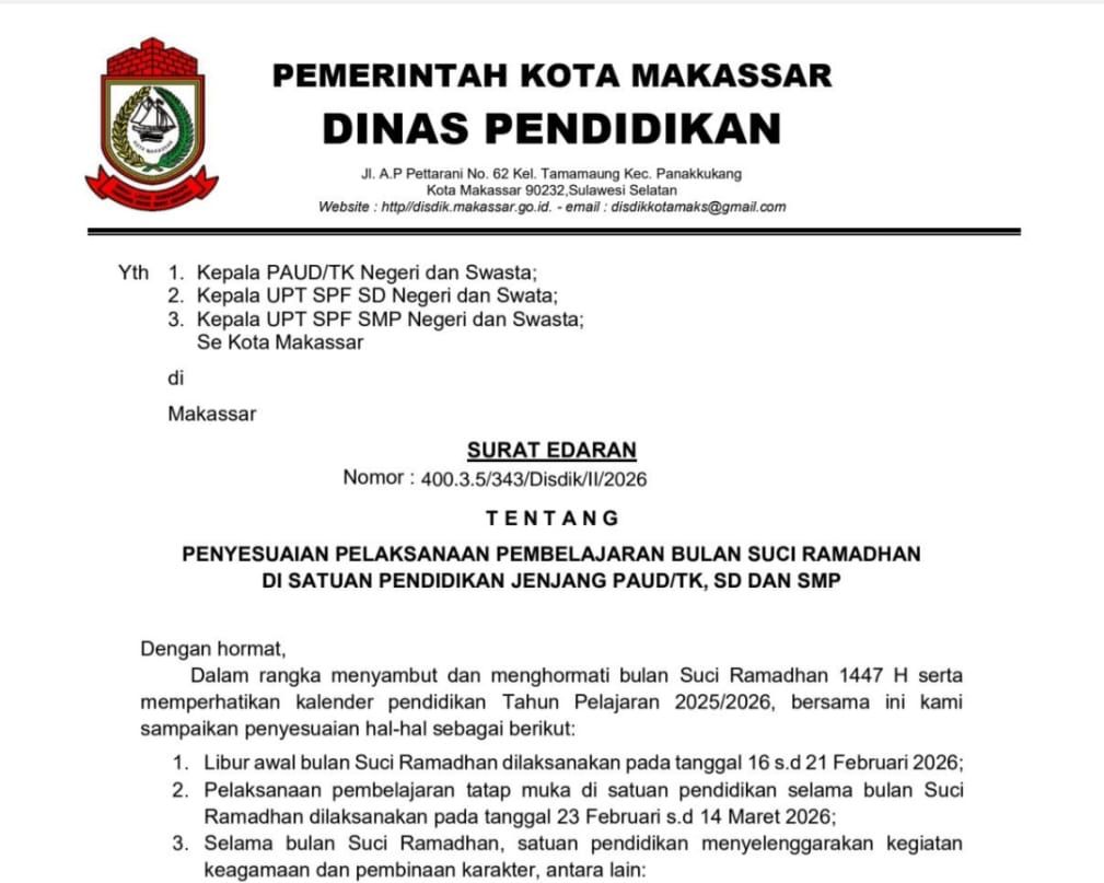 Disdik Makassar Sesuaikan Libur Ramadan dan Idulfitri 2026, Siap Sesuaikan Edaran 3 Menteri